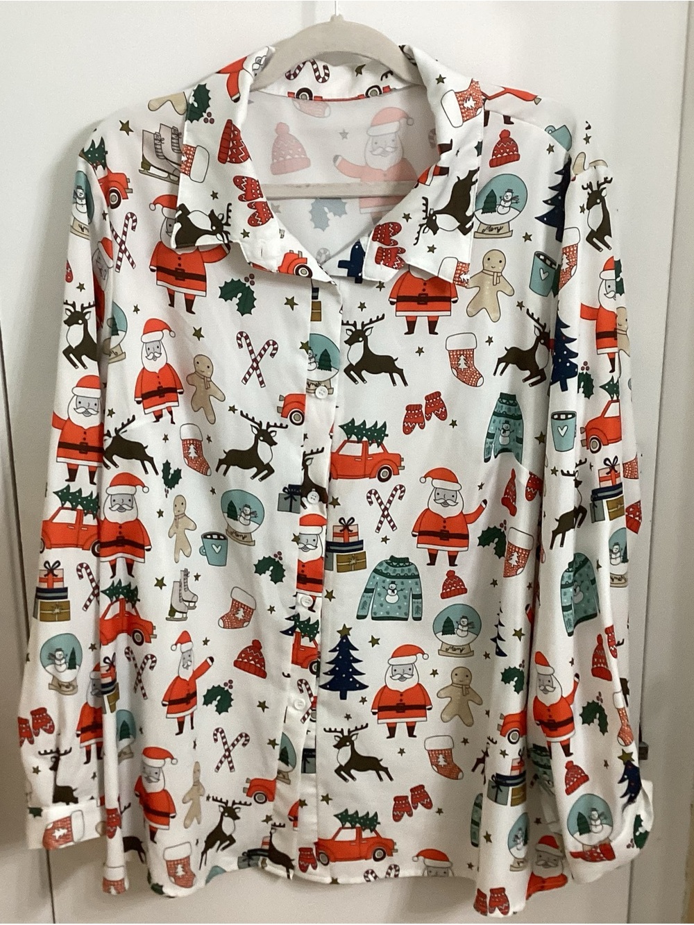SHEIN White Holiday Button-Down Shirt with Red & Green Print